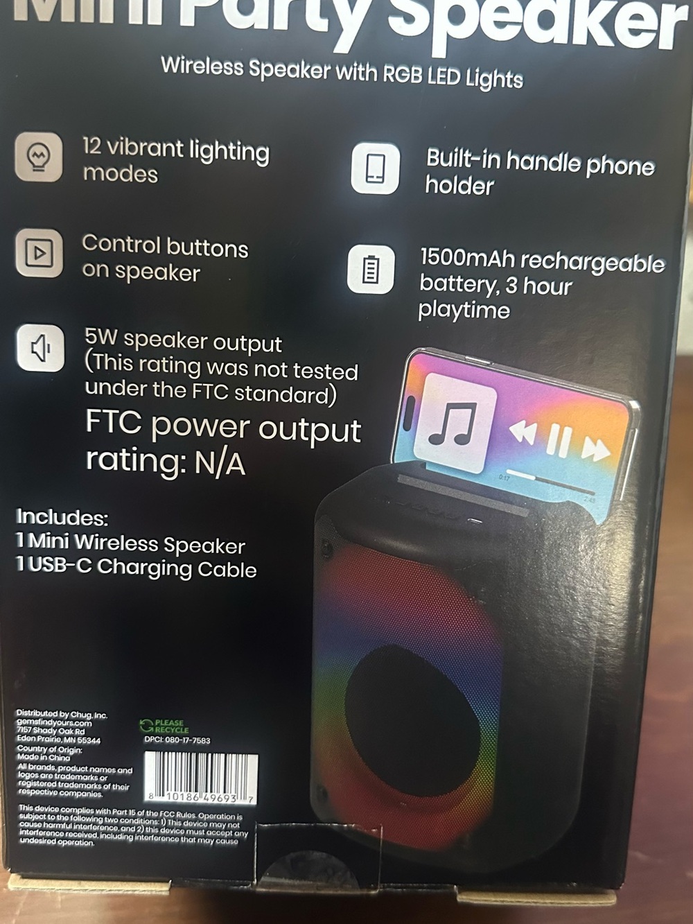 Mini Wireless Party Speaker with RGB Lights - Black